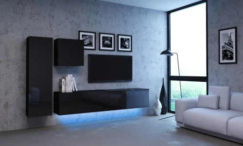 Meblościanka do salonu Vivo 2 z LED zestaw 4 elementy czarny połysk