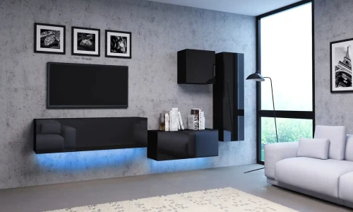 Meblościanka do salonu Vivo 3 z LED zestaw 4 elementy czarny połysk