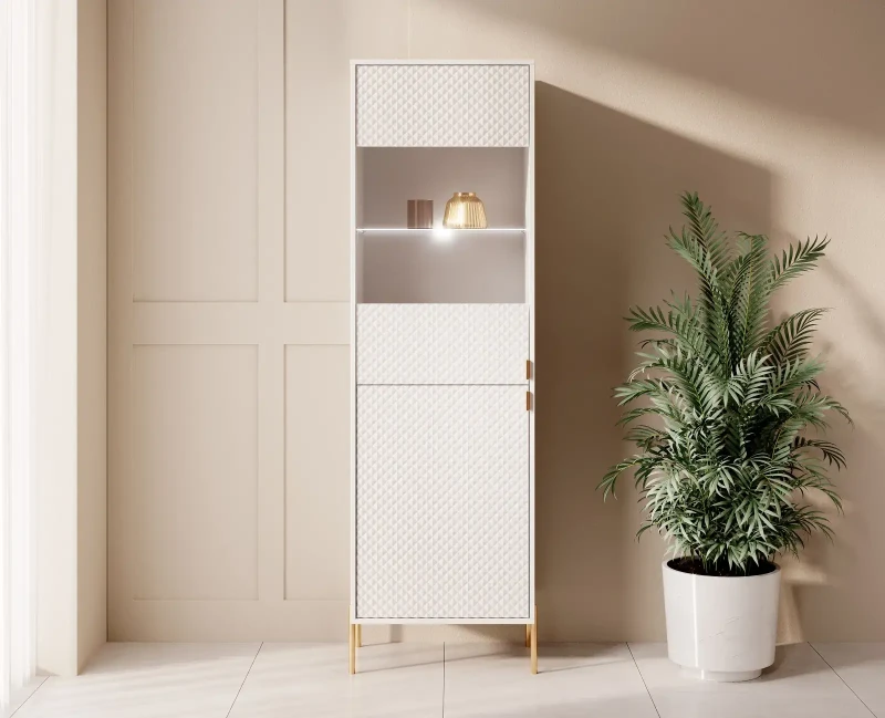 Witryna Diamond 54 cm dwudrzwiowa z oświetleniem LED biały połysk/złote elementy