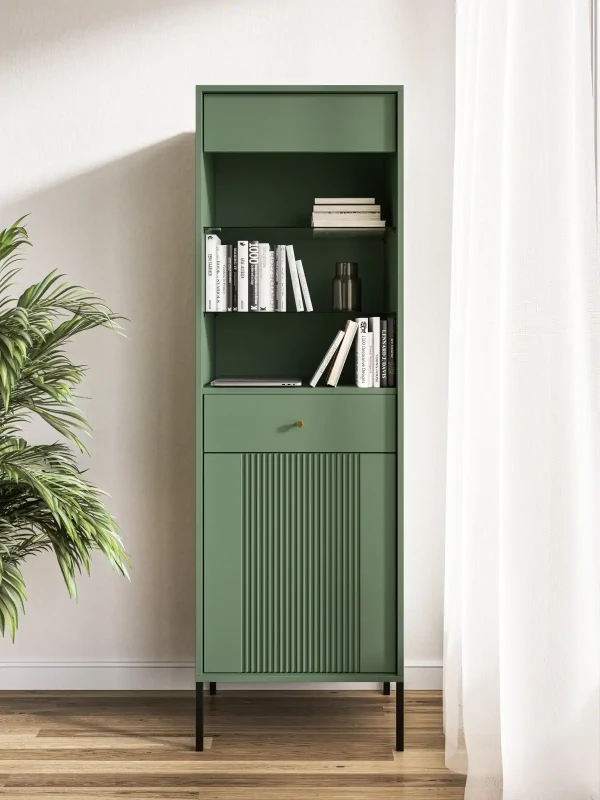 Witryna Iseo 54 cm z frezowanym frontem zielona/czarne nogi/złote uchwyty