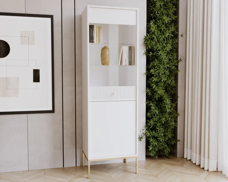 Witryna Maggiore 54 cm dwudrzwiowa ryflowane wstawki biała/złote nogi/złoty uchwyt