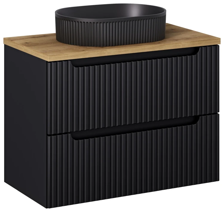 Zestaw mebli łazienkowych NOVA BLACK szafka 80 cm 2 szuflady z blatem dąb 80 cm - aranżacja z umywalka nablatową