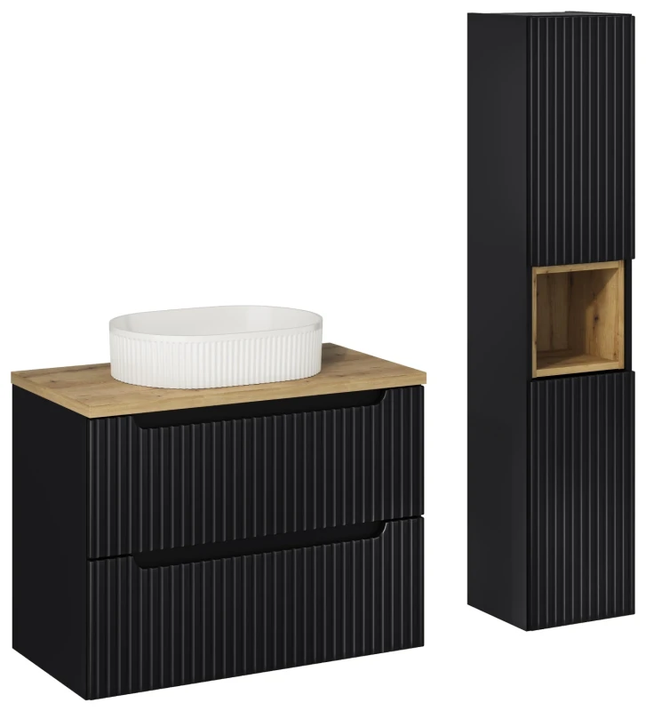 Zestaw mebli łazienkowych NOVA BLACK szafka 80 cm 2 szuflady z blatem dąb 80 cm - aranżacja z umywalka nablatową i szafką wysoką
