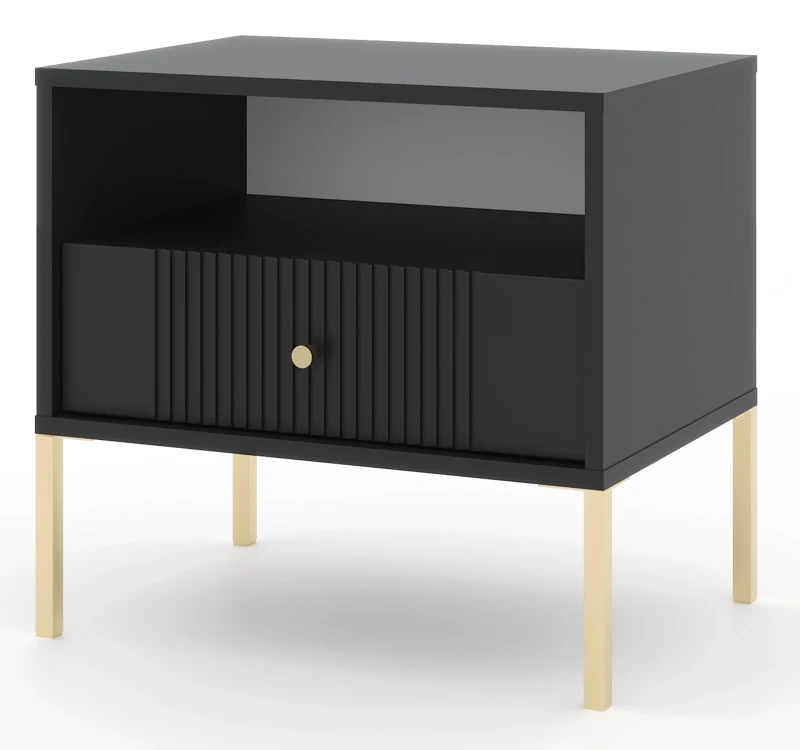 Stolik nocny Iseo 54 cm z szufladą czarny / złote nogi / złoty uchwyt