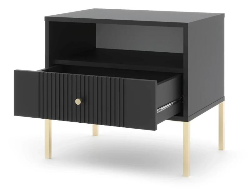 Stolik nocny Iseo 54 cm z szufladą czarny / złote nogi / złoty uchwyt