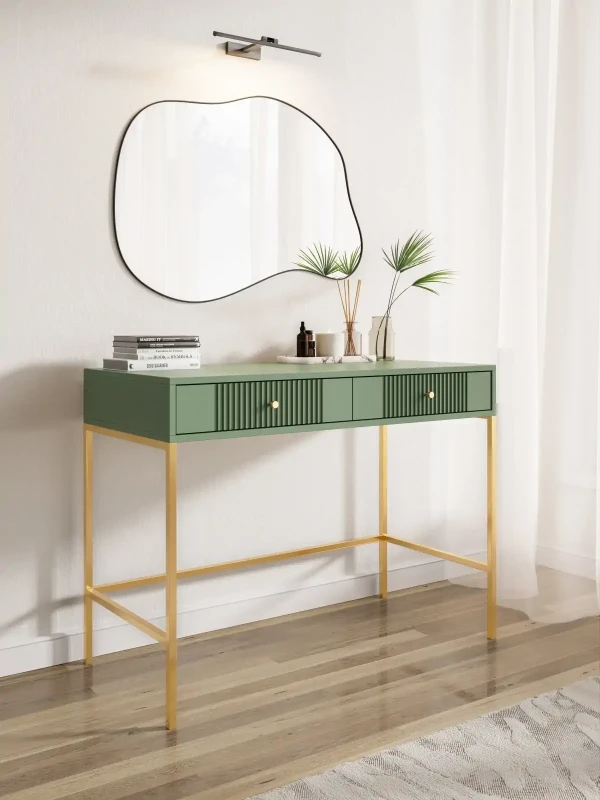 Toaletka Iseo 104 cm z 2 szufladami zielona / złote nogi / złote uchwyty