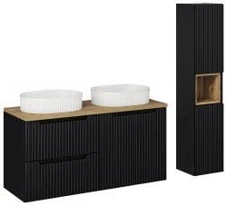 Zestaw mebli łazienkowych NOVA BLACK z dwoma umywalkami BEYOND i blatem dąb 120 cm - 7 elementów