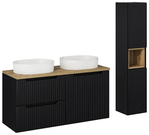 Zestaw mebli łazienkowych NOVA BLACK z dwoma umywalkami BEYOND i blatem dąb 120 cm - 7 elementów