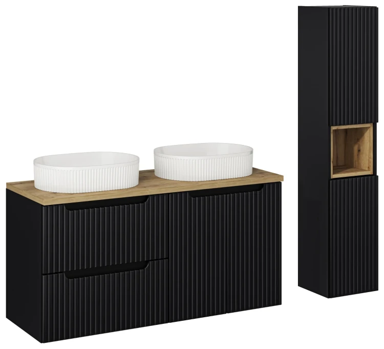 Zestaw mebli łazienkowych NOVA BLACK z dwoma umywalkami BEYOND i blatem dąb 120 cm - 7 elementów