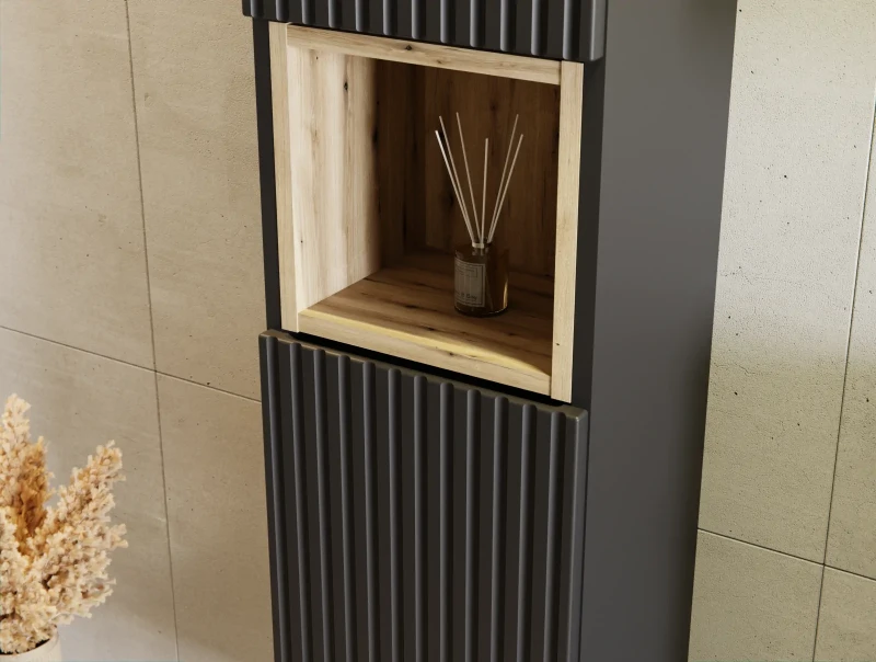 Zestaw mebli łazienkowych NOVA BLACK z dwoma umywalkami BEYOND i blatem dąb 140 cm - szafka wysoka Nova Black D 80-03-2D + regał górny qubik (wkład) Nova Oak A 83-27-Q