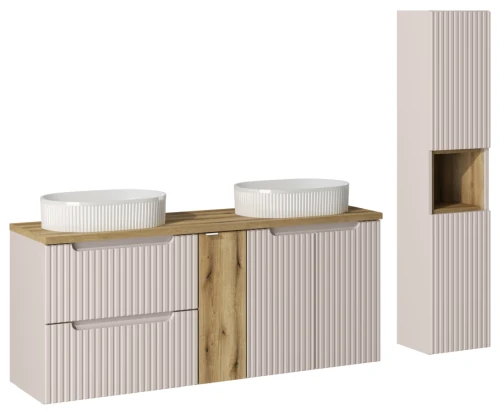 Zestaw mebli łazienkowych NOVA CASHMERE z dwoma umywalkami BEYOND i blatem dąb 140 cm - 8 elementów