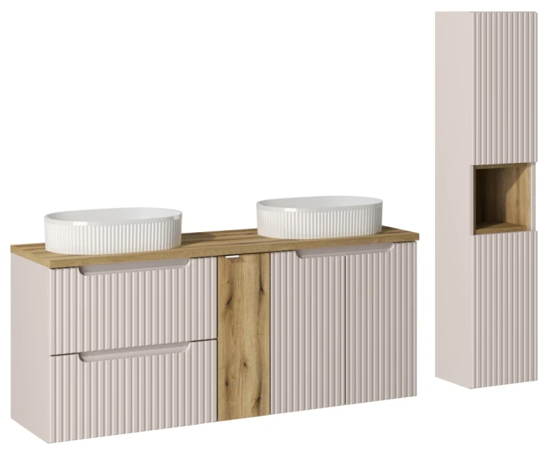 Zestaw mebli łazienkowych NOVA CASHMERE z dwoma umywalkami BEYOND i blatem dąb 140 cm - 8 elementów