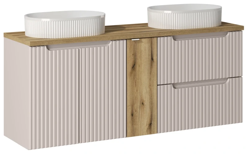 Zestaw mebli łazienkowych NOVA CASHMERE z dwoma umywalkami BEYOND i blatem dąb 140 cm