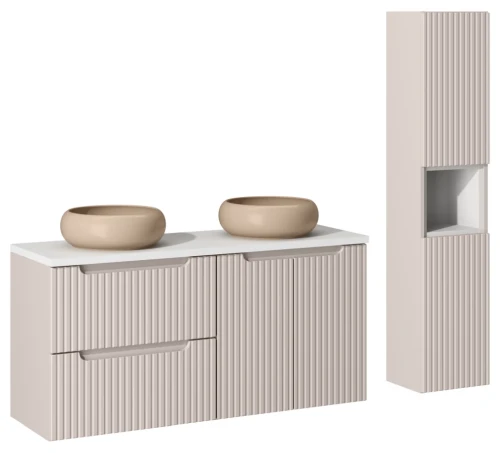 Zestaw mebli łazienkowych NOVA CASHMERE z dwoma umywalkami WIKI i białym blatem 120 cm - 7 elementów
