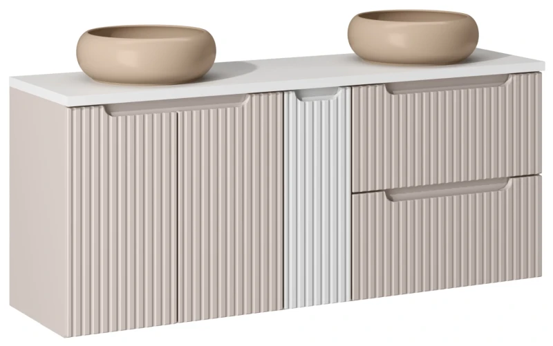 Zestaw mebli łazienkowych NOVA CASHMERE z dwoma umywalkami WIKI i białym blatem 140 cm - 6 elementów