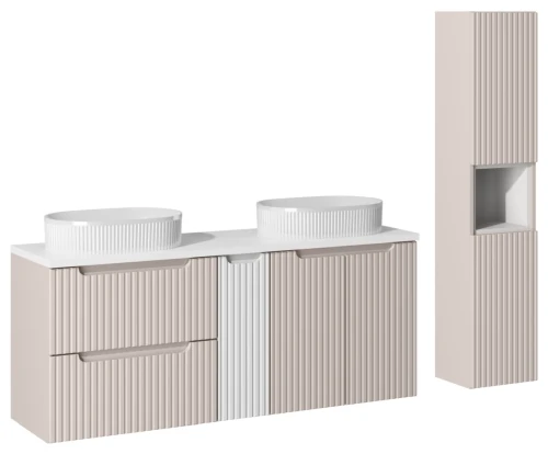 Zestaw mebli łazienkowych NOVA CASHMERE z dwoma umywalkami BEYOND i białym blatem 140 cm - 8 elementów