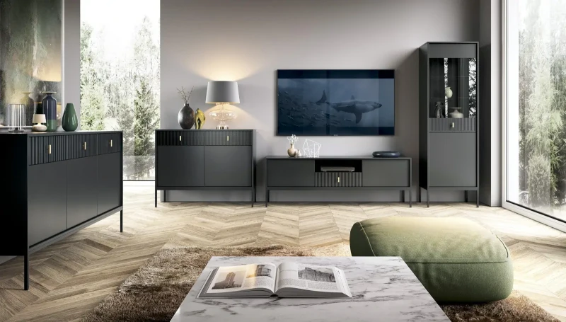 Stolik nocny Maggiore 54 cm z szufladą czarny / czarne nogi / złoty uchwyt