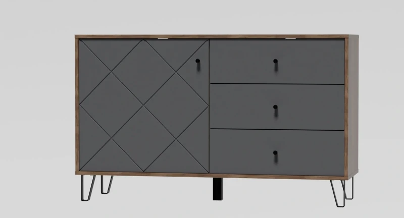 Komoda Bilbao 123 cm jednodrzwiowa z szufladami dąb craft tobacco/grafit mat
