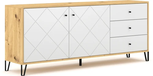 Komoda Bilbao 183 cm dwudrzwiowa z 3 szufladami dąb artisan/biały mat