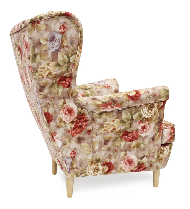 Fotel uszak Lily Kwiaty z podnóżkiem w stylu skandynawskim