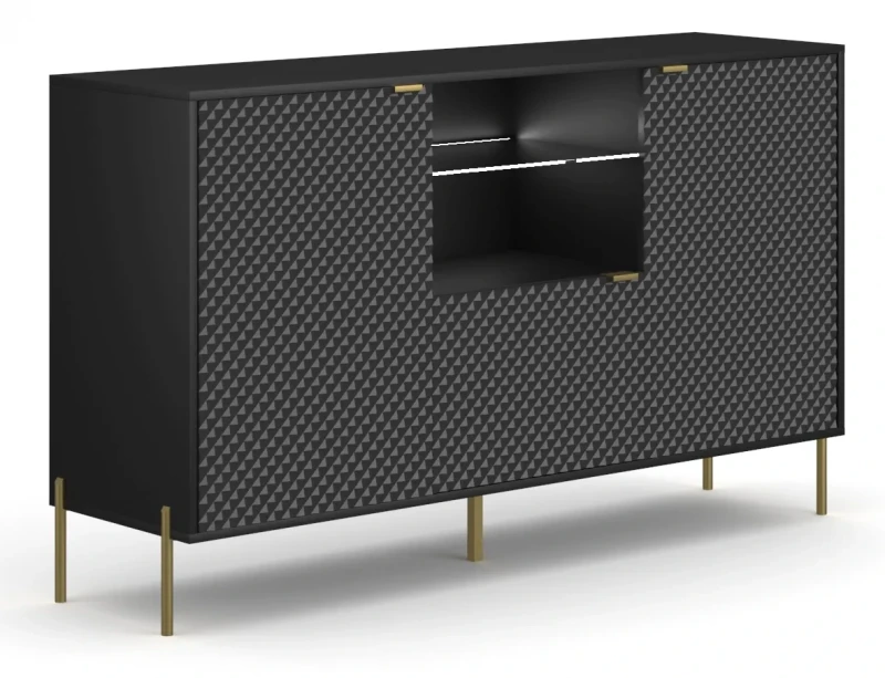 Komoda Diamond 156 cm trzydrzwiowa z oświetleniem LED czarny połysk/złote elementy