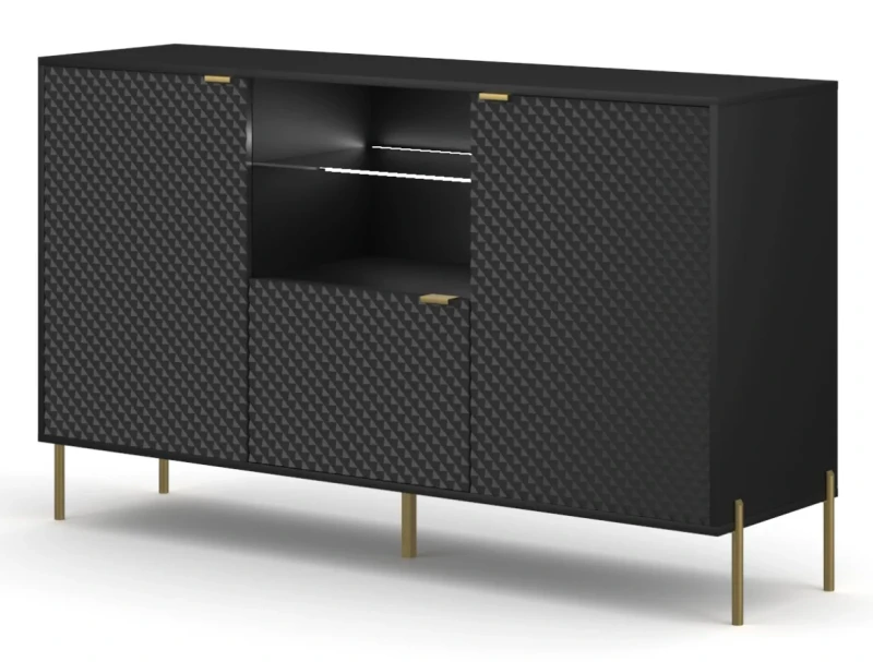 Komoda Diamond 156 cm trzydrzwiowa z oświetleniem LED czarny połysk/złote elementy