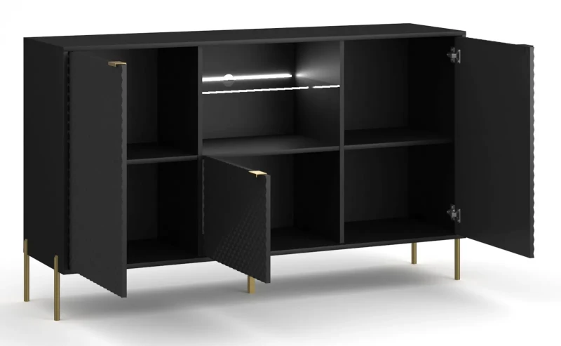 Komoda Diamond 156 cm trzydrzwiowa z oświetleniem LED czarny połysk/złote elementy