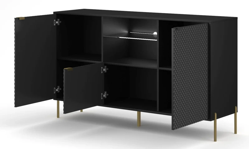 Komoda Diamond 156 cm trzydrzwiowa z oświetleniem LED czarny połysk/złote elementy