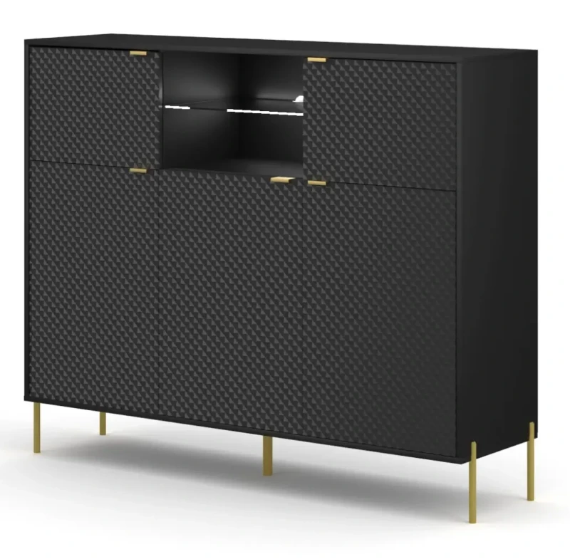 Komoda Diamond 156 cm pięciodrzwiowa z oświetleniem LED czarny połysk/złote elementy