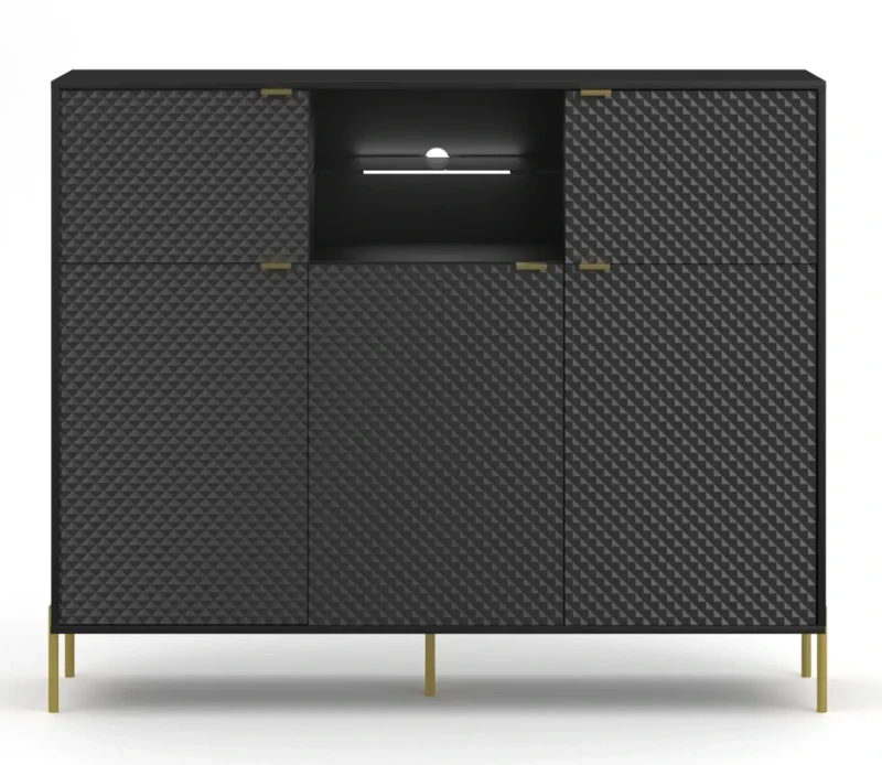 Komoda Diamond 156 cm pięciodrzwiowa z oświetleniem LED czarny połysk/złote elementy