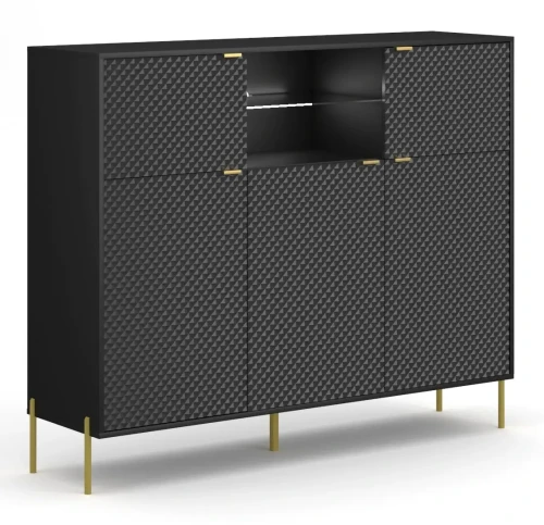 Komoda Diamond 156 cm pięciodrzwiowa z oświetleniem LED czarny połysk/złote elementy