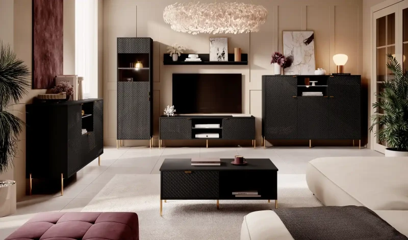 Komoda Diamond 156 cm pięciodrzwiowa z oświetleniem LED czarny połysk/złote elementy