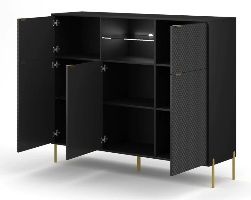 Komoda Diamond 156 cm pięciodrzwiowa z oświetleniem LED czarny połysk/złote elementy