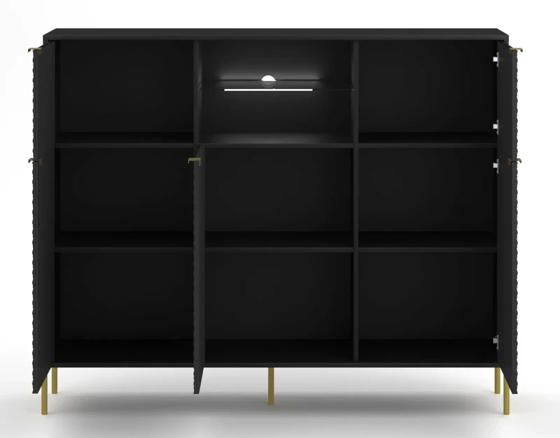 Komoda Diamond 156 cm pięciodrzwiowa z oświetleniem LED czarny połysk/złote elementy