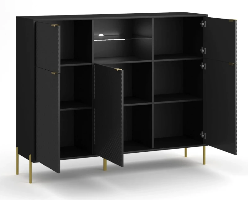 Komoda Diamond 156 cm pięciodrzwiowa z oświetleniem LED czarny połysk/złote elementy