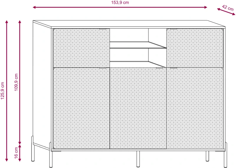 Komoda Diamond 156 cm pięciodrzwiowa z oświetleniem LED czarny połysk/złote elementy