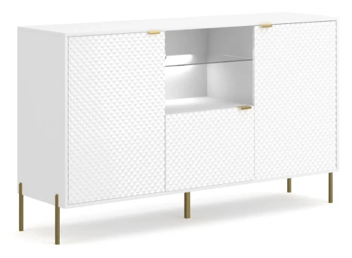 Komoda Diamond 156 cm trzydrzwiowa z oświetleniem LED biały połysk/złote elementy