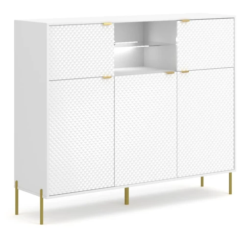 Komoda Diamond 156 cm pięciodrzwiowa z oświetleniem LED biały połysk/złote elementy