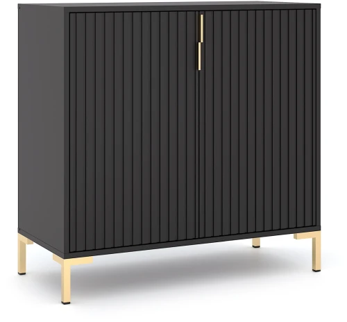 Komoda Flinn 88 cm dwudrzwiowa z ryflowanymi frontami czarny mat/złote elementy