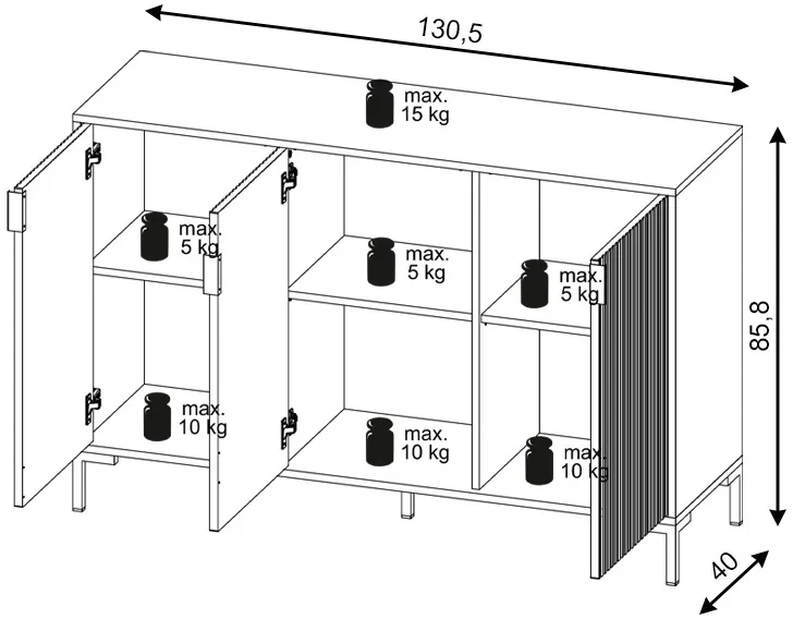 Komoda Flinn 131 cm trzydrzwiowa z ryflowanymi frontami biały mat/złote elementy