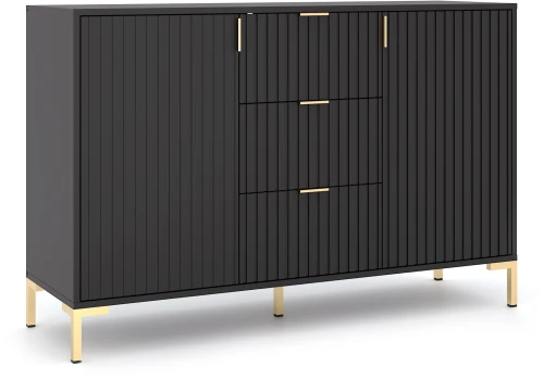 Komoda Flinn 131 cm dwudrzwiowa z 3 szufladami czarny mat/złote elementy