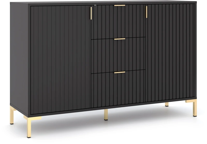 Komoda Flinn 131 cm dwudrzwiowa z 3 szufladami czarny mat/złote elementy