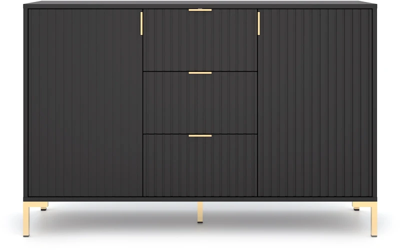 Komoda Flinn 131 cm dwudrzwiowa z 3 szufladami czarny mat/złote elementy