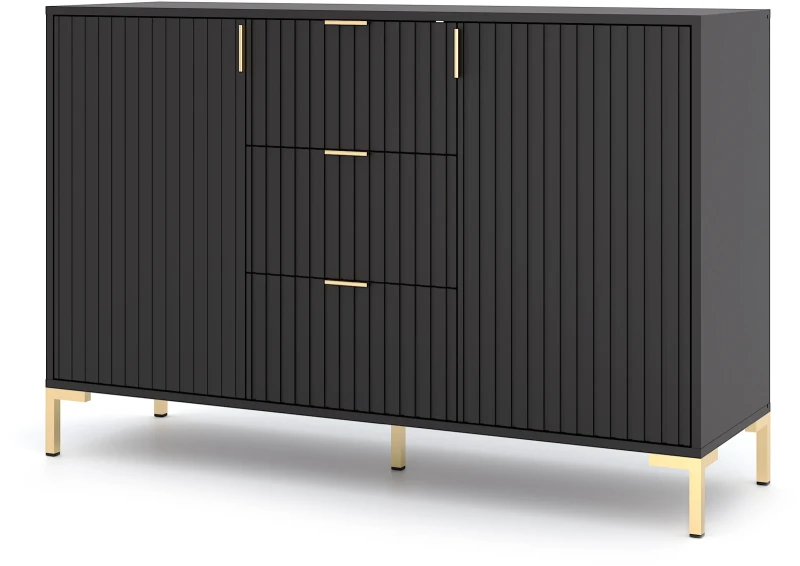 Komoda Flinn 131 cm dwudrzwiowa z 3 szufladami czarny mat/złote elementy