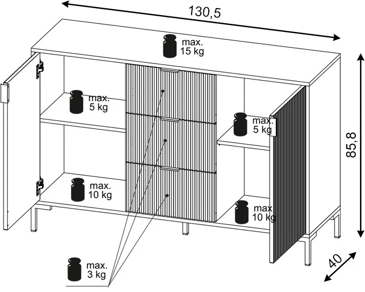 Komoda Flinn 131 cm dwudrzwiowa z 3 szufladami czarny mat/złote elementy