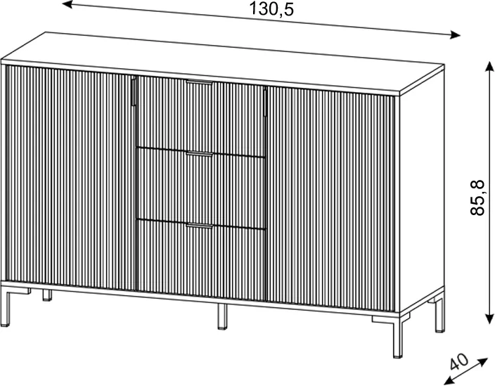 Komoda Flinn 131 cm dwudrzwiowa z 3 szufladami biały mat/złote elementy