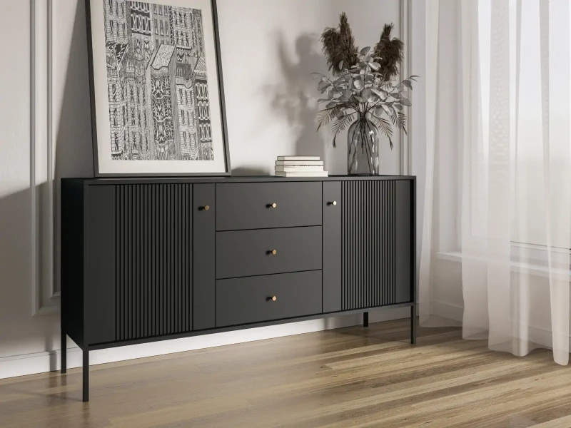 Komoda Iseo 155 cm dwudrzwiowa z 3 szufladami czarny/czarne nogi