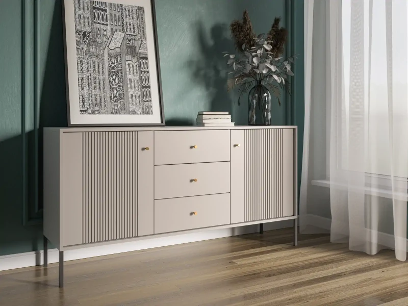 Komoda Iseo 155 cm dwudrzwiowa z 3 szufladami kaszmir/czarne nogi