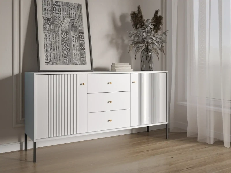 Komoda Iseo 155 cm dwudrzwiowa z 3 szufladami biały/czarne nogi