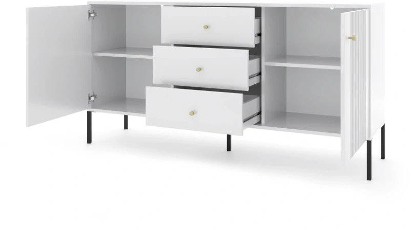 Komoda Iseo 155 cm dwudrzwiowa z 3 szufladami biały/czarne nogi